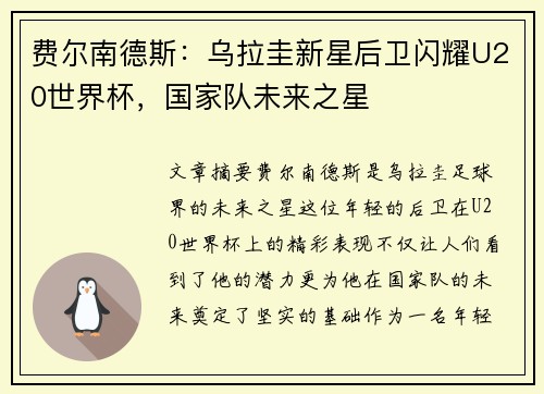 费尔南德斯：乌拉圭新星后卫闪耀U20世界杯，国家队未来之星