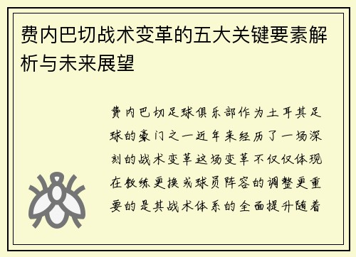 费内巴切战术变革的五大关键要素解析与未来展望